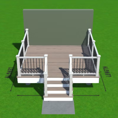 3D rendering of a small 12x12 square deck plan with stairs and railing, showing width and length dimensions.