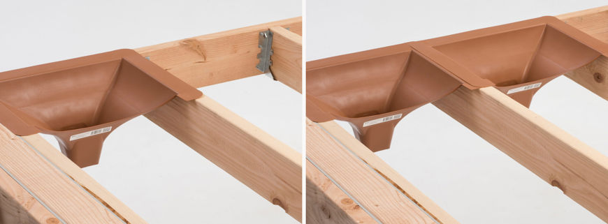 Position the downspout in each joist bay at the rim joist where you will put the gutter, and staple them in place. Repeat.