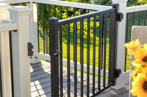 Black gate opening on a grey composite deck with white railing and round black balusters
