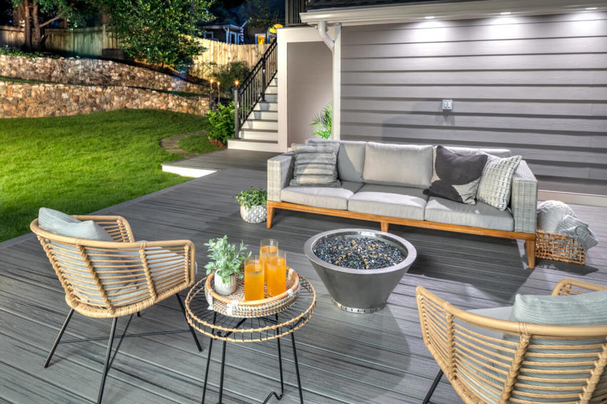 Patio with torches around the perimeter