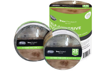 Trex Protect self-adhesive tape packaging displayed, emphasizing its durability with a "25 Year" label. Promises to extend deck life.
