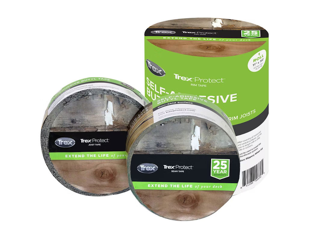 Trex Protect self-adhesive tape packaging displayed, emphasizing its durability with a "25 Year" label. Promises to extend deck life.