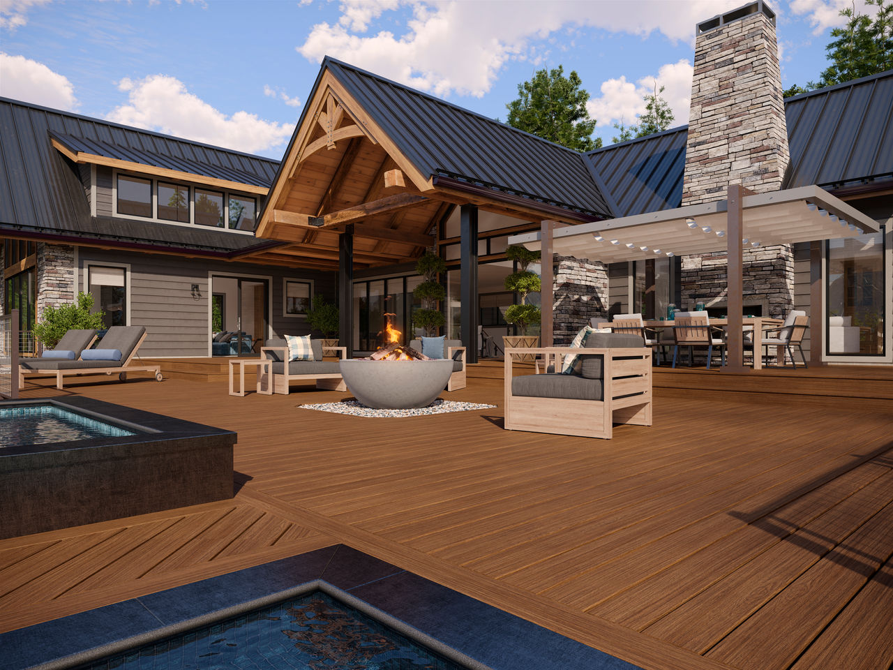 Pool Deck With Covered Fireplace Section