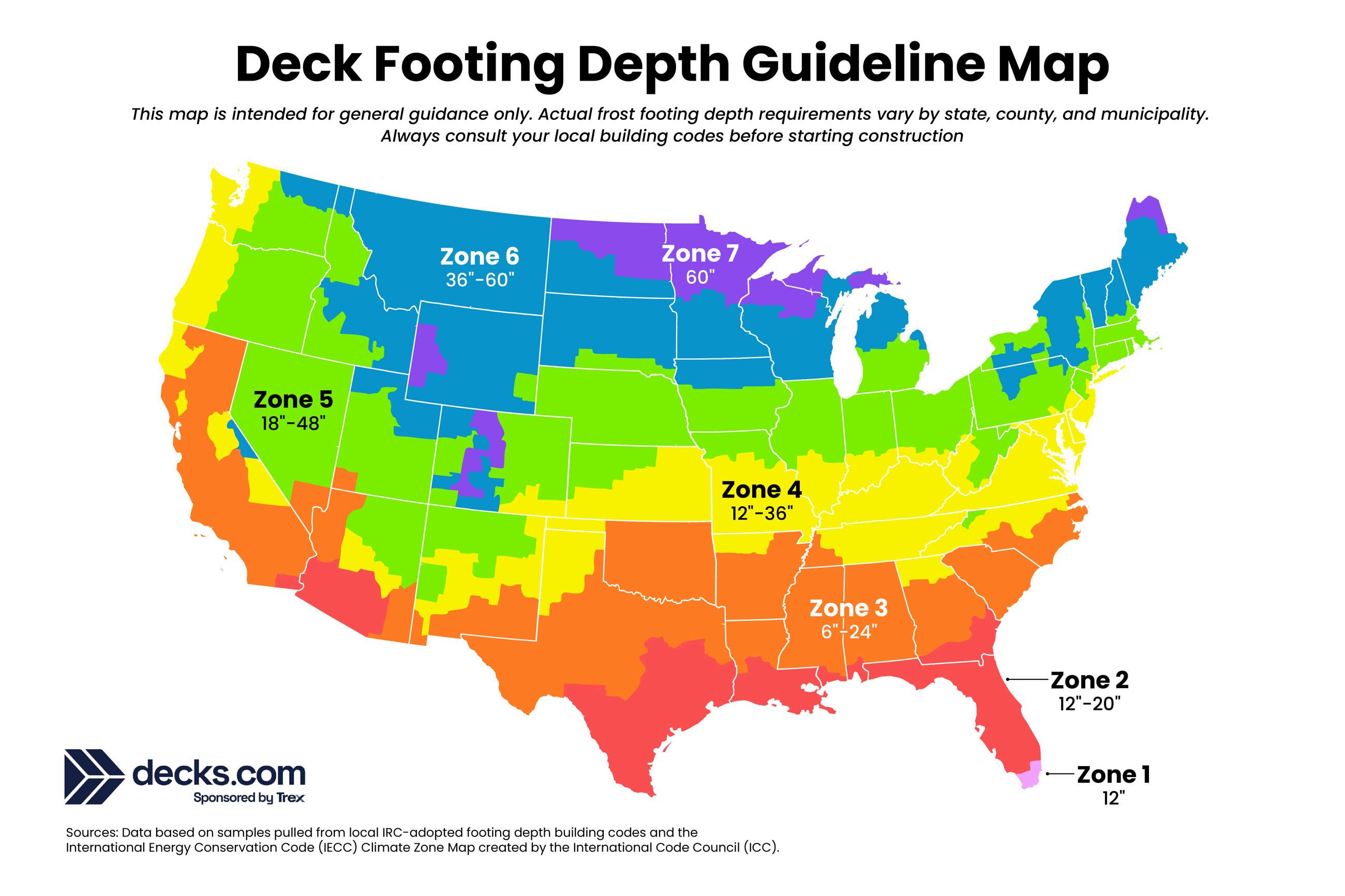 Color coded map of the United States depicting frost depth zones