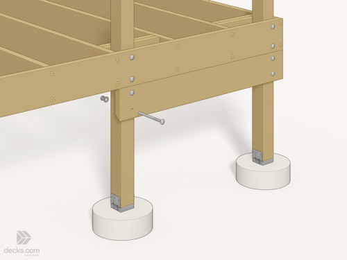 Illustration depicting a bolt going through the header of a staircase on a deck to mount it to a post.